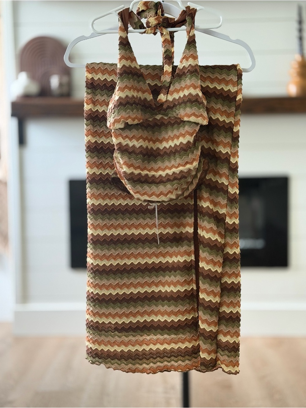 Altar'd State Zigzag Halter Maxi Dress in Brown, Cream and Olive